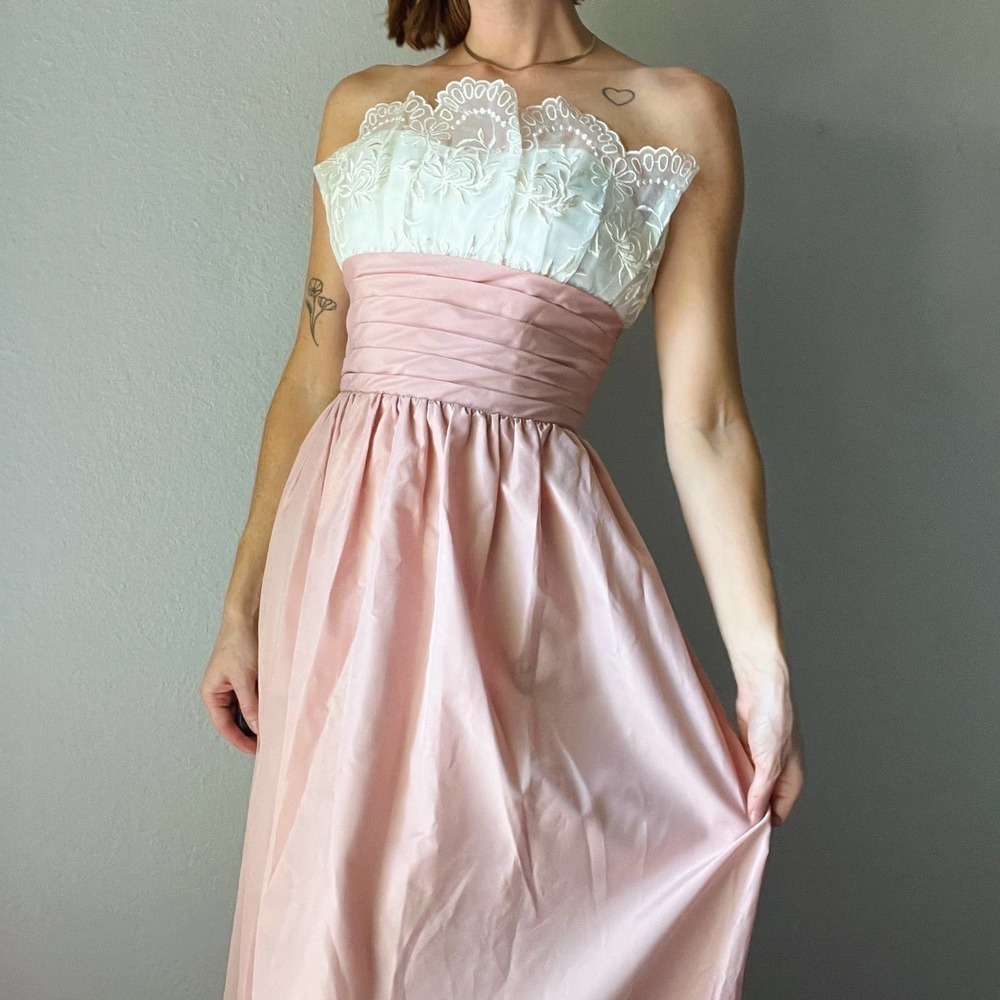 Vintage 1970's Pink Strapless Eyelet Ruffle Strapless Maxi Dress - Picture 1 of 8